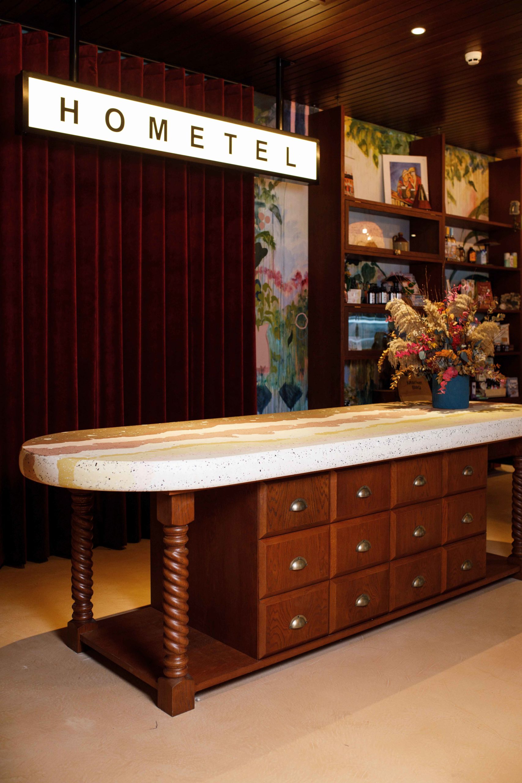Recycled plastic desk, reception desk at Room2, Belfast. Circular Design