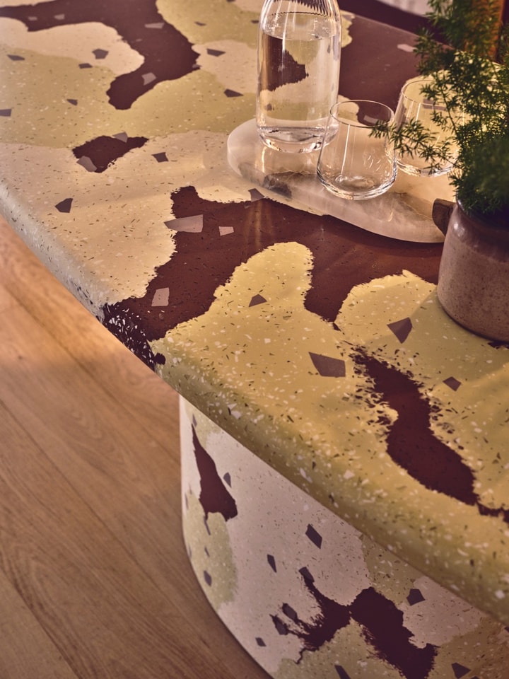 Close up of a table made with recycled plastic by Spared - the sessile london